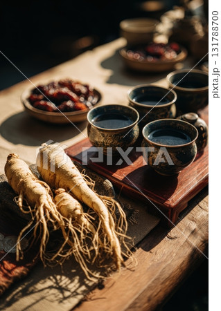Traditional Korean Herbal Tea Setup with Ginseng and Dates in Warm Daylight 131788700