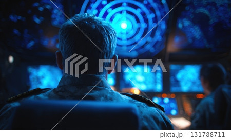 Army Officer Analyzing Digital Radar in Futuristic Control Room 131788711