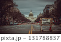 Empty Washington D.C. Street with Capitol Dome and Shutdown Sign in Foreground 131788837