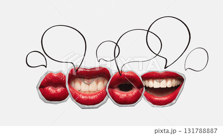 Lips collage connected by drawn speech bubbles on white background Lips collage connected by drawn speech bubbles on white background 131788887