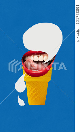 Modern collage. Red lips licking ice cream cone with speech bubble on blue background 131788891