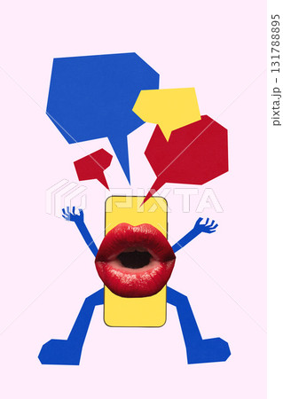 Abstract poster. Smartphone character with red lips shouting colorful speech bubbles Abstract poster. Smartphone character with red lips shouting colorful speech bubbles 131788895