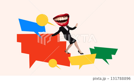 Creative digital artwork. Businesswoman walking confidently among colorful speech bubbles 131788896