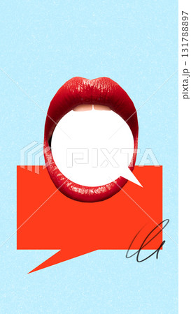 Creative collage template. Red lips shouting message through bright speech bubbles Creative collage template. Red lips shouting message through bright speech bubbles 131788897