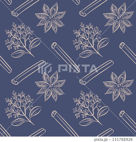 Seamless pattern with cinnamon stick, star anise and branch drawn in line art style on a blue background. Seamless pattern with cinnamon stick, star anise and branch drawn in line art style on a blue background. 131788926