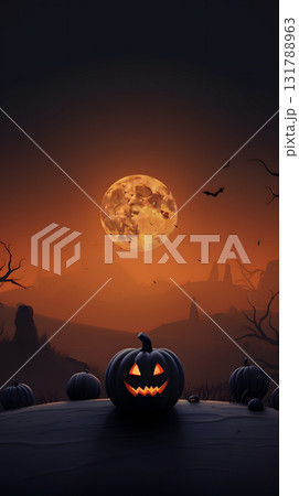 A Spooky Halloween Night with JackOLanterns and a Full Moon in the Eerie Atmosphere 131788963