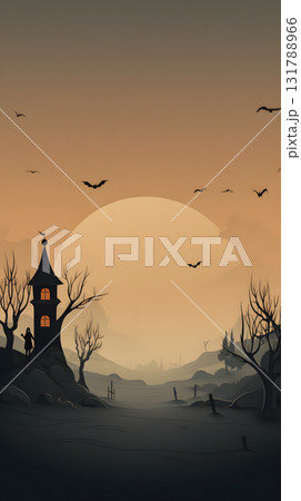 Spooky Halloween scene with haunted house, bats, and chilling atmosphere under moonlit sky 131788966