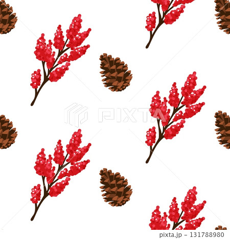 Red Winter Berries and Pine Cones Seamless Pattern 131788980