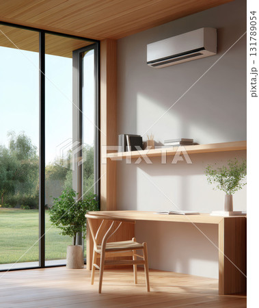 Calm home office with modern air conditioner promoting sustainable energy for efficient cooling. tranquil room with wooden furniture and natural light creates peaceful workspace 131789054
