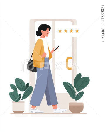 Satisfied customer woman leaving positive five star review on smartphone. Happy female giving feedback for good service experience while walking out door 131789073