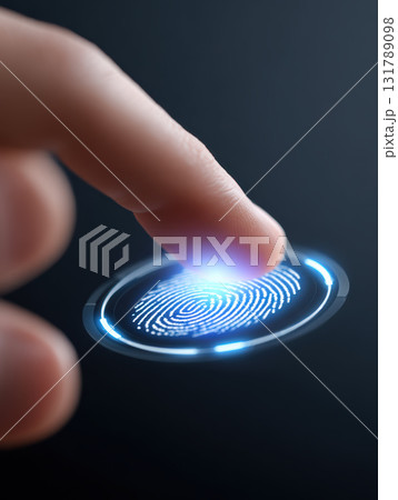 Futuristic biometric fingerprint scanner provides secure access and authentication. finger touches glowing blue light for identity verification and cyber security technology 131789098