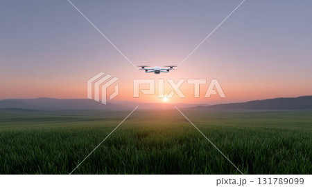 Peaceful agricultural drone scanning vast green field at sunrise. Modern technology offers hopeful future for farming, agriculture, and smart farm innovation over serene landscape 131789099