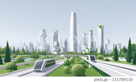 Futuristic city with autonomous public transport moving through green utopia. An eco friendly cityscape with sustainable urban architecture and hopeful vision of future innovation Futuristic city with autonomous public transport moving through green utopia. An eco friendly cityscape with sustainable urban architecture and hopeful vision of future innovation 131789110