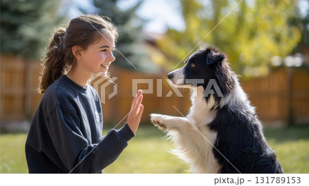 Happy teenager teaching Border Collie dog new trick. Young girl giving high five to clever canine friend outdoors in sunny backyard, showing friendship and trust Happy teenager teaching Border Collie dog new trick. Young girl giving high five to clever canine friend outdoors in sunny backyard, showing friendship and trust 131789153