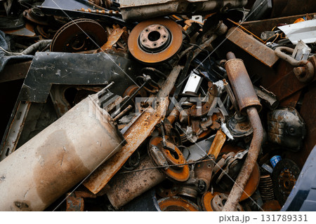 Pile of Rusty Metal Scrap from Disassembled Machinery 131789331
