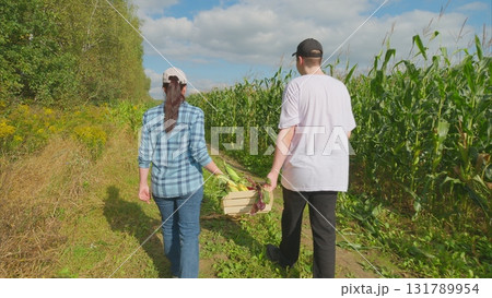 A couple is happily walking together in a beautiful cornfield, carrying a harvest basket 131789954