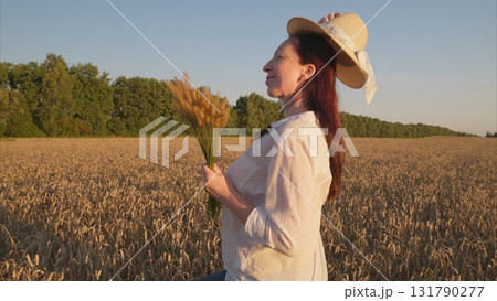 Enjoying Peaceful Harvesting Moments in Beautiful Golden Fields during a Stunning Sunset 131790277