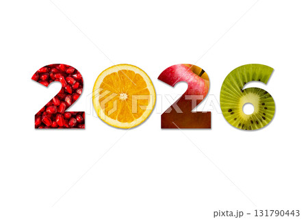 Fresh 2026 typography created from fruit slices like orange, strawberry, and kiwi on white background. 131790443