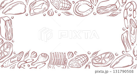 Border frame in line art style with different meats on a white background. Steak, sausage, ribs and vegetable. Perfect for culinary book design, packaging or restaurant menu. Border frame in line art style with different meats on a white background. Steak, sausage, ribs and vegetable. Perfect for culinary book design, packaging or restaurant menu. 131790508