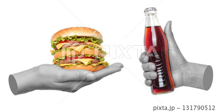 Set of gray hands contemporary art style holding burger and cola bottle isolated on transparent background 131790512