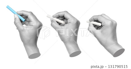 Set of gray hand in contemporary art style holding chalk as if writing on a blackboard, isolated on transparent background 131790515