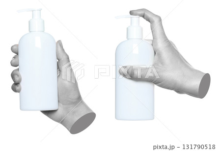 Set of gray hand contemporary art style holding soap dispenser bottle, isolated on transparent background 131790518