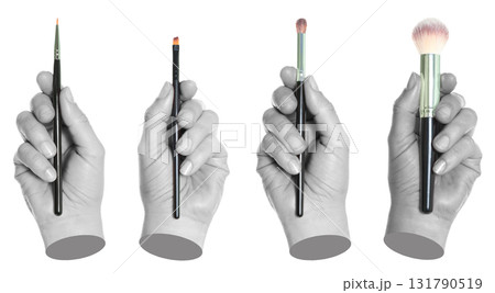Set of gray hands contemporary art style holding makeup brushes, isolated on transparent background 131790519
