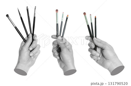 Set of gray hands contemporary art style holding makeup brushes, isolated on transparent background 131790520