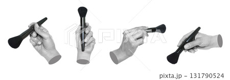 Set of gray hands contemporary art style holding makeup brushes, isolated on transparent background 131790524