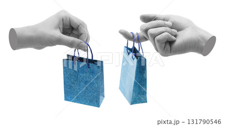 Set of gray hand contemporary art style holding mini paper shopping bag isolated on transparent background 131790546