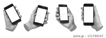 Set of gray hand contemporary art style holding smartphone isolated on transparent background 131790547