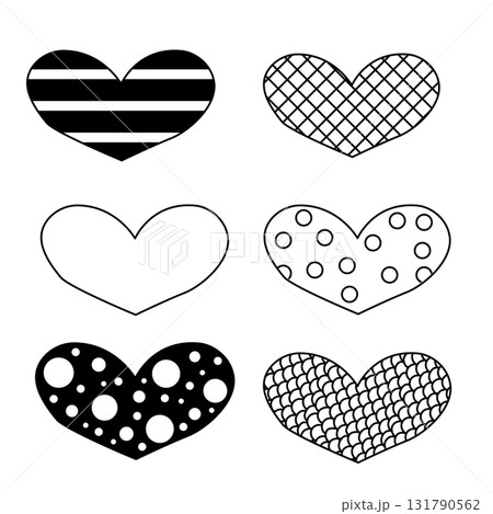 Set of six hand drawn heart. Isolated. Vector graphic line illustration. Handdrawn rough marker hearts isolated on white background. Vector illustration for your graphic design 131790562