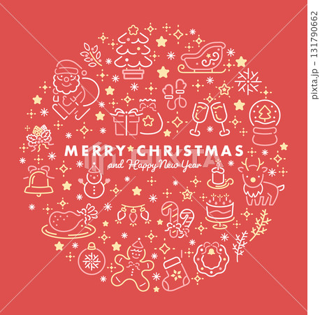 クリスマスの丸いデザインのロゴイラスト:赤のおしゃれなカードやアイコン、マーク等に最適 131790662