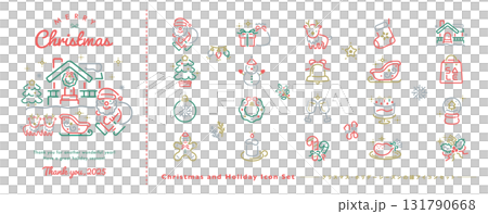 向量插圖集可愛的聖誕線圖示和表情符號：聖誕樹、聖誕老人等。 131790668