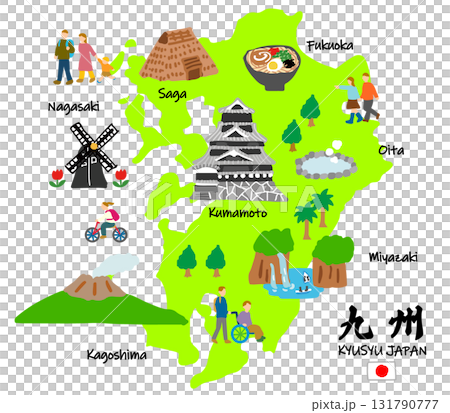 九州旅行、手描きの観光スポットと観光客フラットイラスト 131790777