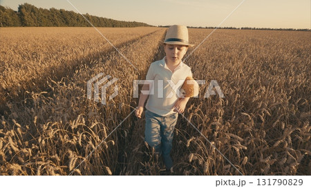 A child joyfully playing in a wheat field at sunset while carrying a toy bear with them 131790829