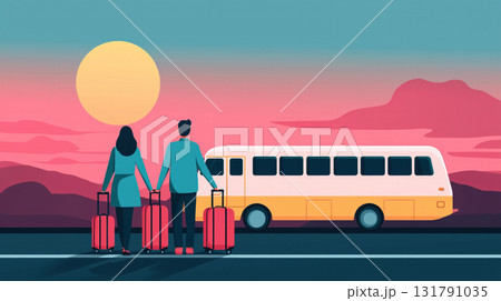 Traveling couple with luggage waiting for shuttle at sunset 131791035