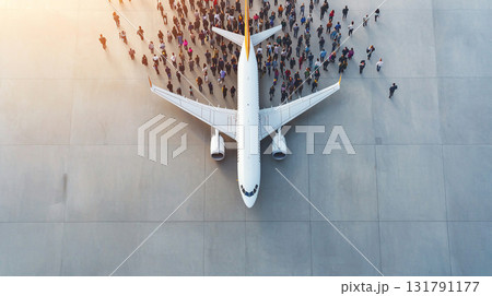Passengers boarding plane from overhead view, showcasing excitement Passengers boarding plane from overhead view, showcasing excitement 131791177
