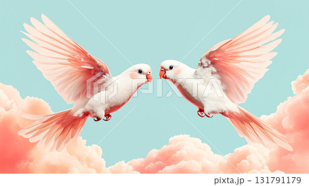 Pair of lovebirds flying close in sky, surrounded by soft clouds 131791179
