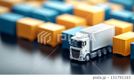 miniature truck transporting colorful shipping containers in busy scene miniature truck transporting colorful shipping containers in busy scene 131791183