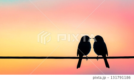 Silhouette of lovebirds against glowing sunset sky, expressing affection Silhouette of lovebirds against glowing sunset sky, expressing affection 131791186