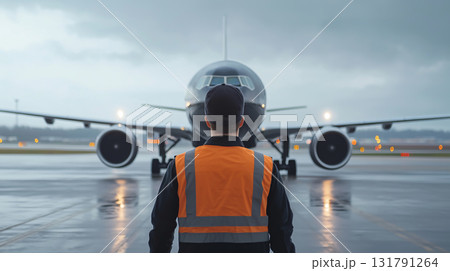 Airport worker in safety vest facing airplane on runway during cloudy weather 131791264