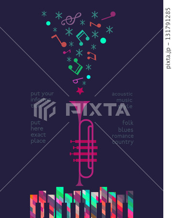 Christmas Holiday Music colorful vector poster template. Winter Season Holidays Live Music event. Piano, trumpet cartoon illustration. Christmas Tunes, Festive Night celebration performance background 131791285