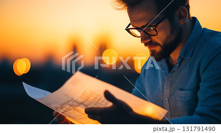 Civil engineer studying site plans at sunset, focused and inspired 131791490