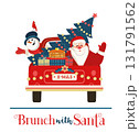 Brunch with Santa Festive Holiday comic vector poster. Santa deliver pancakes by red truck. Funny breakfast Christmas kids enjoy. New Year eve festive menu invitation background cartoon illustration 131791562