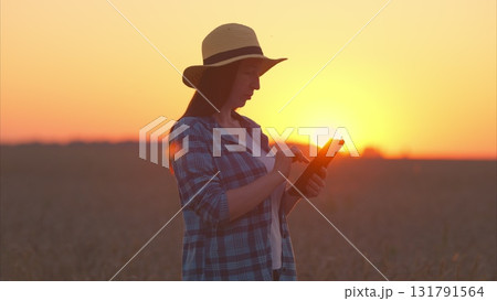 A Woman Using a Tablet in the Beautiful Sunset Over a Serene Agricultural Field Landscape A Woman Using a Tablet in the Beautiful Sunset Over a Serene Agricultural Field Landscape 131791564