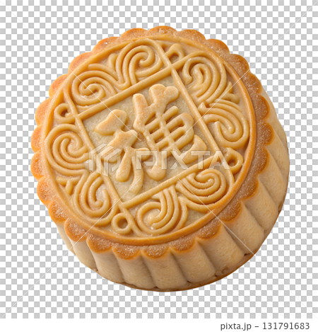 Traditional chinese mooncake with ornate character imprint on top, golden brown pastry for mid-autumn festival isolated on transparent background 131791683