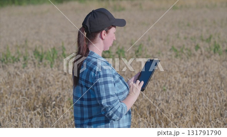 A farmer uses a tablet in a wheat field to boost productivity and enhance efficiency A farmer uses a tablet in a wheat field to boost productivity and enhance efficiency 131791790