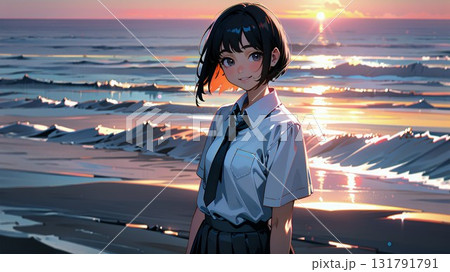 夕焼けの海岸と女子高生 131791791