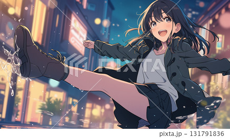 雨上がりの夜を楽しむアニメ美少女　ブーツを履いた笑顔の女の子の街歩き 131791836